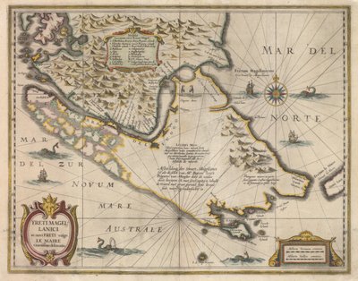 Magellanin salmen ja uusien salmien, jotka tunnetaan yleisesti nimellä Le Maire, tarkin rajaus, n. 1630 tekijältä Jodocus Hondius