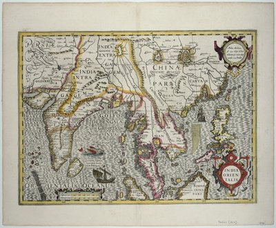 Intian mantereelta Filippiineille Indonesian saariston pohjoisosien ja Malaijin niemimaan kautta, 1600-luvun alku (värikaiverrus) tekijältä Jodocus Hondius