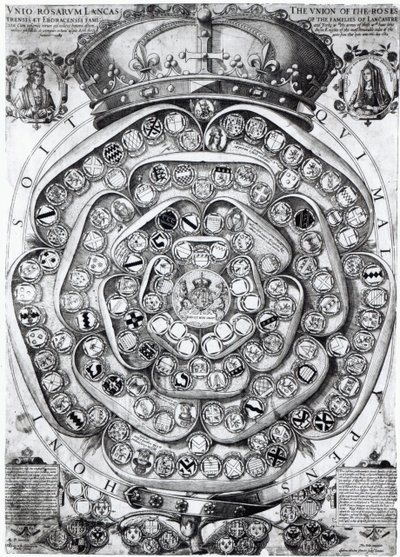 Lancasterin ja Yorkin perheiden ruusujen liitto, 1589 (levykaiverrus) tekijältä Jodocus Hondius