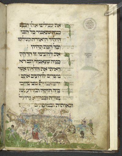 MS Add. 14762, f.15r Exodus ja Punaisenmeren ylitys, "Ashkenazi Haggadah", noin 1460 (vellum) tekijältä Joel ben Simeon Feibusch