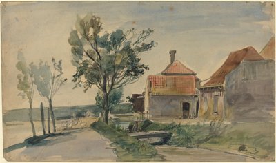 Talojen ja tien välissä virtaava virta, 1800-luvun loppu. tekijältä Johan Barthold Jongkind