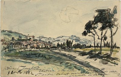 Chateau, Cote Saint Andre (etusivu) Tyhjät kärryt ja vaja sekä muita luonnoksia (kääntöpuoli) tekijältä Johan Barthold Jongkind