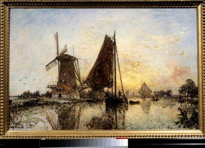 Hollantilainen maisema, veneitä tehtaan lähellä Jean Barthold Jongkindin (1819-1891) maalaus 1868 su. 0,52x0,81 m Pariisi, Musee d