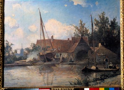 Jean Barthold Jongkind (1819-1891) 1857 Su. Hollannin maisema ison veneen kanssa. 0,42x0,56 m tekijältä Johan Barthold Jongkind