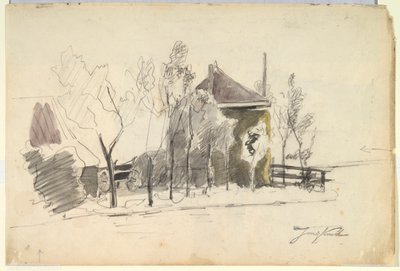 Haywagon in a Farmyard (recto); Näkymä maatilalle (käänteinen) tekijältä Johan Barthold Jongkind