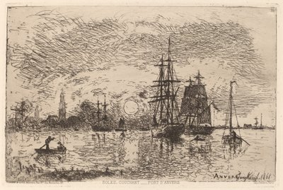 Aurinko laskee Antwerpenin sataman yllä tekijältä Johan Barthold Jongkind