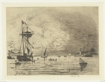 Honfleurin sataman uloskäynti Sortie du port de Honfleur (otsikko esineessä) tekijältä Johan Barthold Jongkind