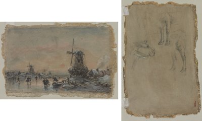 Näkymä Arnheimista (recto) Härkätutkimukset (verso) tekijältä Johan Barthold Jongkind