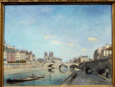 Näkymä Seinen rannoille ja Cathedrale Notre Dame de Paris Peniche joen varrella. Johan Barthold Jongkindin (1819-1891) maalaus 1864 su. 0,42x0,56 m Pariisi, musee d