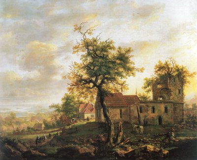 Norjalainen Bokmål:  Avaldsnesin raunioitunut kirkko Avaldsnesissa Karmøyn saarella. tekijältä Johan Christian Dahl