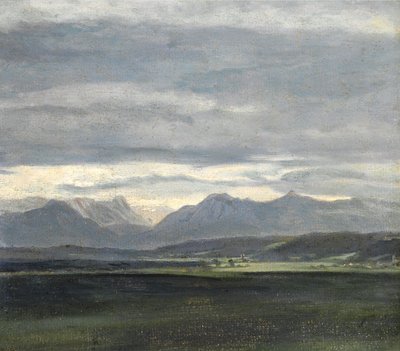 Tutkimus maisemasta, jossa on puuterin sininen taivas vuorten yllä tekijältä Johan Christian Dahl