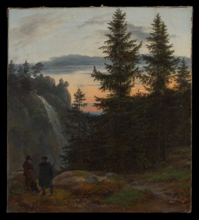 Kaksi miestä vesiputouksen edustalla auringonlaskun aikaan tekijältä Johan Christian Dahl