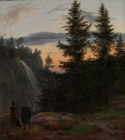 Kaksi miestä ennen vesiputousta auringonlaskun aikaan, 1823. tekijältä Johan Christian Dahl