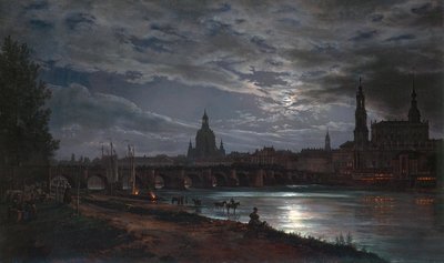 "" Vue de Dresde au clair de lune "" (Kuunvalon näkymä Dresdenistä) Peinture de Johan Christian Clausen Dahl (1788-1857) 1839 - Öljy kankaalle Koko 78x130 cm Dresdenin osavaltion taidekokoelmat Dresde tekijältä Johan Christian Dahl