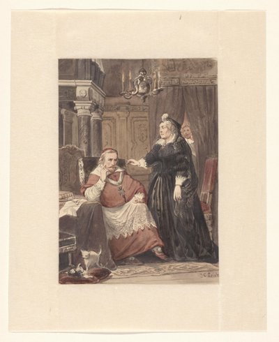 Kaksi ihmistä sisätiloissa, mahdollisesti Maria de Medici ja kardinaali de Richelieu tekijältä Johan Coenraad Leich (signed by artist)