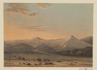 Näkymä Bromon tulivuorelle Tulta hengittävä Bromon vuori vuonna 1856 (Probolingon asuinpaikka) (otsikko esineessä) tekijältä Johan Conrad Greive