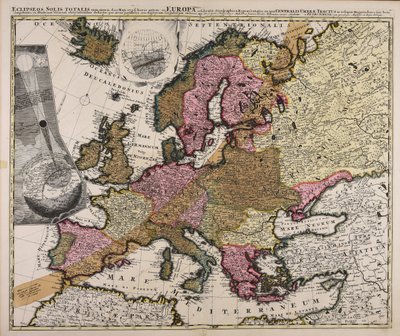 Eclipseos Solis totalis cum mora d. 12 Maji 1706 horis antem in Europa celebratae geographica repraesentatio, in qua centralis umbrae traktus ac reliquae magnitudines suis locis kompetentes, ex illustrium virorum observibus dedctae per arcus parallel tekijältä Johan Gabriel Doppelmayr