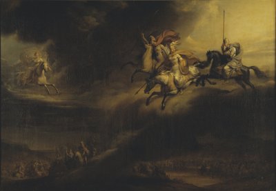 La chevauchee des Valkyries - Valkyrien ratsastus, kirjoittanut Sandberg, Johan Gustaf (1782-1854). Öljy kankaalle. Mitat: 140x201 cm. Tukholman kansallismuseo tekijältä Johan Gustaf Sandberg