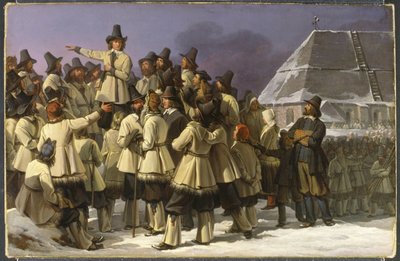 Ruotsin kuningas Kustaa Vaasa puhuttelee Taalainmaista Moran miehiä, kirjoittanut Sandberg, Johan Gustaf (1782-1854). Öljy kankaalle tekijältä Johan Gustaf Sandberg