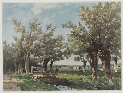 Maisema ojalla, jossa kaksi poikaa kalastaa tekijältä Johan Hendrik Weissenbruch