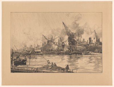 Näkymä Rotterdamin satamasta erilaisilla nostureilla tekijältä Johan Hendrik van Mastenbroek (signed by artist)