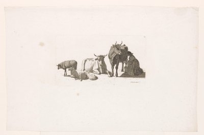 Nainen lypsämässä lehmää, nautakarjan ja lampaiden kanssa. tekijältä Johan Jakob Biedermann