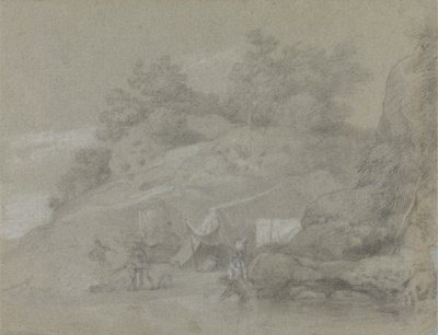 Joki kallion rannalla hahmoineen, mahdollisesti Intiassa tekijältä Johan Joseph Zoffany