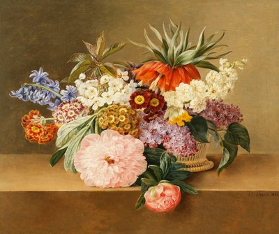 Iris, lila, primulae, kukka ja pionit korissa, tekijältä Johan Laurents Jensen