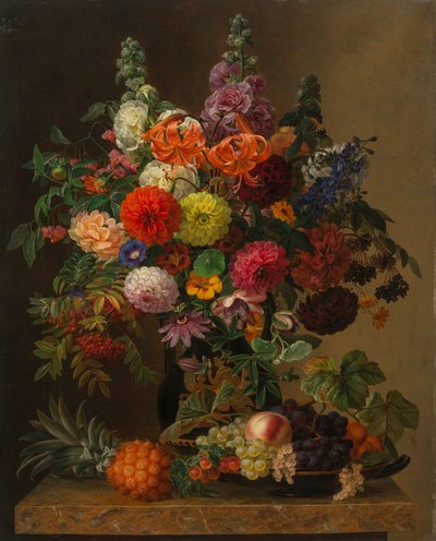 Asetelma kukilla ja hedelmillä, 1836. tekijältä Johan Laurentz Jensen