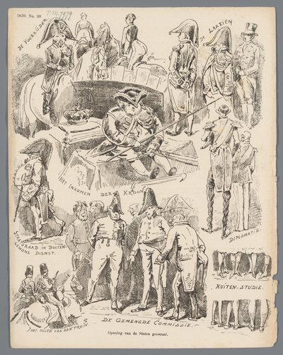 Sarjakuva osavaltioiden kenraalin avajaisista 1870 Osavaltioiden kenraalin avajaiset (otsikko esineessä) tekijältä Johan Michaël Schmidt Crans