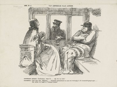 Sarjakuva monista onnettomuuksista Rhijnspoorwegilla, 1866 Amsterdamista Arnhemiin (otsikko esineessä) tekijältä Johan Michaël Schmidt Crans