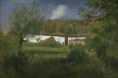 Maatilarakennus auringossa tekijältä Johan Thomas Lundbye