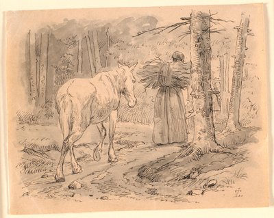Vaimo ja hevonen. Kuvitus Kaalundin "Fables for Children" -kirjaan. Katso kommentti arkkiluettelosta. tekijältä Johan Thomas Lundbye