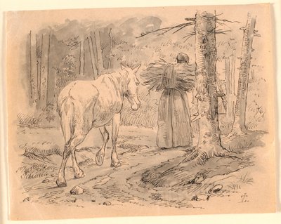 Vaimo ja hevonen. Kuvitus Kaalundin "Fables for Children" -kirjaan. Katso kommentti arkkiluettelosta. tekijältä Johan Thomas Lundbye