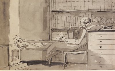 Abildgaard lämmittää jalkojaan kaakeliuunin ääressä tekijältä Johan Tobias Sergel