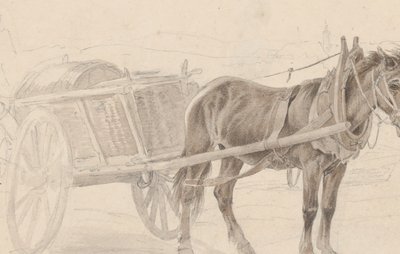 Ruskean hevosen vetämä kärry lähellä lampputankoa, Verso: ryhmä ratsastettuja upseereita, n. 1815. tekijältä Johann Adam Klein