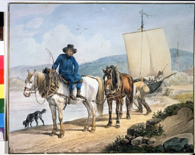 ""Hevonen ja kärryt joella"". Hevoset joen varrella, jotka hinaavat venettä tai joita käytetään tavaroiden purkamiseen hinausradalla." Johann Adam Kleinin (1792-1875) maalaus tekijältä Johann Adam Klein