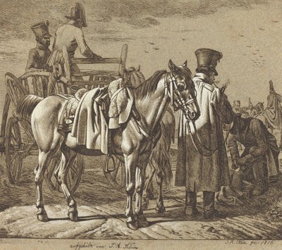 Hevonen ja sotilaiden savupiippu / sotilaskohtaus tekijältä Johann Adam Klein