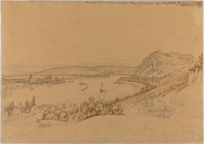 Näkymä Koblenzista, Reinistä ja Ehrenbreitsteinin linnoituksesta (etusivu); näkymä Heidelbergin linnasta (kääntöpuoli). tekijältä Johann Adam Klein