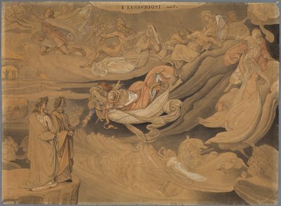 Dante im zweiten Kreis der Hölle, spricht mit Francisca da Rimini tekijältä Johann Anton Ramboux