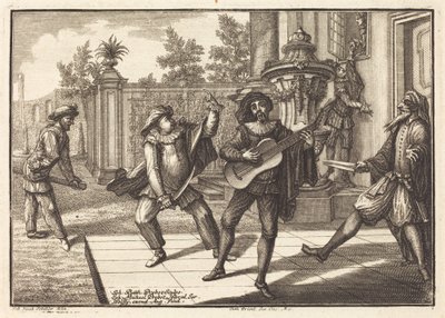 Scaramouche häiritsee Pantalonia tekijältä Johann Balthasar Probst after Johann Jacob Schübler