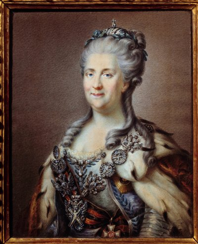 Katariina II:n (1729-1796) muotokuva Venäjän imperatricista Pyhän Andrein kaulakorulla ja Pyhän Yrjön nimettömän ristin nyörillä 1700-luvun akvarelli Johann Baptist von Lampin (1751-1830) Pariisin maalauksen mukaan, museo tekijältä Johann Baptist I (after) Lampi