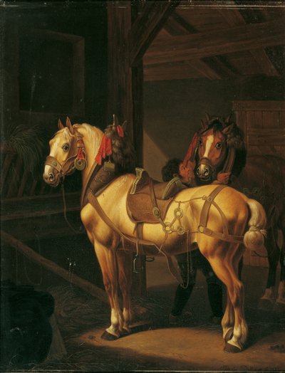 Kaksi vetohevosta tallissa tekijältä Johann Baptist Michael Dallinger von Dalling