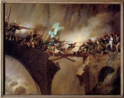 Toisen liittouman taistelut: "" Venäläisen marekaalin Alexander Souwaroffin (Souvaroff tai Souvarov tai Alexander Suvorov) (1729-1800) Paholaisen sillan kulku Gotthardin solalle Sveitsissä 26.9.1799 karkottaakseen Ranskan Revolu tekijältä Johann Baptist Seele