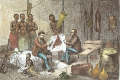 Tohtori David Livingstone (1813-73) ja hra Henry Morton Stanley (1841-1904) vastaanottavat sanomalehtiä Keski-Afrikassa, kaivertanut Pearson (myöhempi väritys) tekijältä Johann Baptist Zweecker