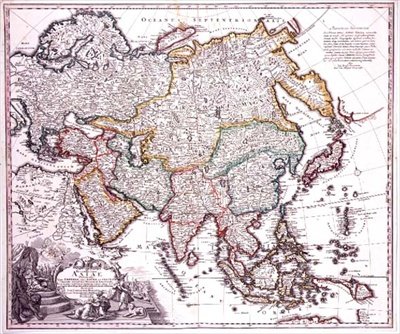 Vähä-Aasia, Arabia ja Japani, n. 1725 (värikaiverrus) tekijältä Johann Baptista Homann