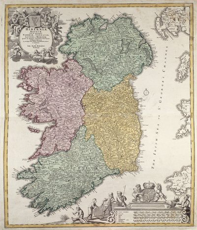 Irlannin kartta, jossa näkyvät Ulsterin, Munsterin, Connaughtin ja Leinsterin maakunnat, kirjoittanut Johann B. Homann, n. 1730 (käsinvärinen kaiverrus) tekijältä Johann Baptista Homann