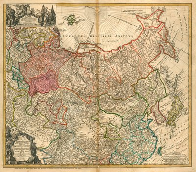 Venäjän kartta (Lähettäjä: Imperii Russici et Tartariae universae so majoris et Asiaticae qua miniris et Europaeae tabula) - Homann, Johann Baptist (1663-1724) - 1738 - Kuparikaiverrus, akvarelli - Yksityiskokoelma tekijältä Johann Baptista Homann