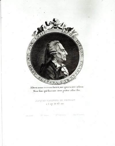 Giacomo Casanovan (1725-98) muotokuva, 63-vuotias medaljonki, 1788 (kaiverrus) (bw kuva) tekijältä Johann Berka