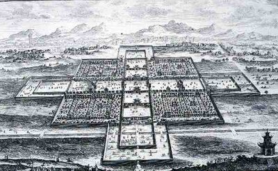 Perspektiivinäkymä keisarilliseen palatsiin, Peking, Kiina, "Historiallisen arkkitehtuurin suunnitelmasta", kaiverrettu Johann Adam Delsenbach (1687-1765) 1721 (kaiverrus) tekijältä Johann Bernhard (after) Fischer von Erlach